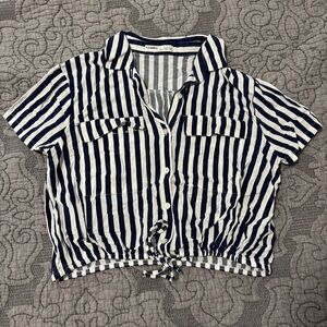 Pull & Bear Cropped Blue and White Striped Top Drawstring Waist